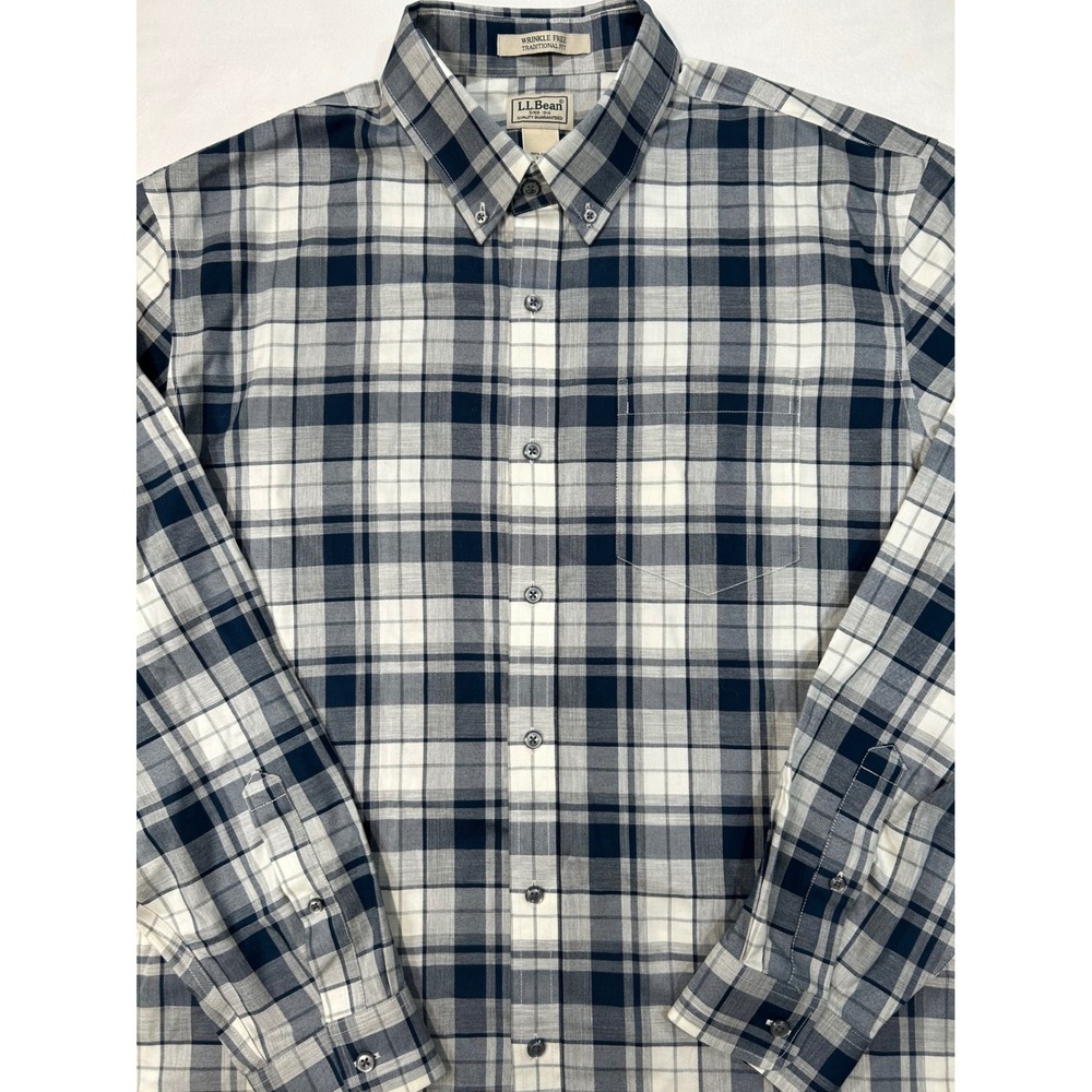 LL‎ Bean Mens Wrinkle Free Traditional Fit Plaid Button Down Shirt Navy Grey Wht